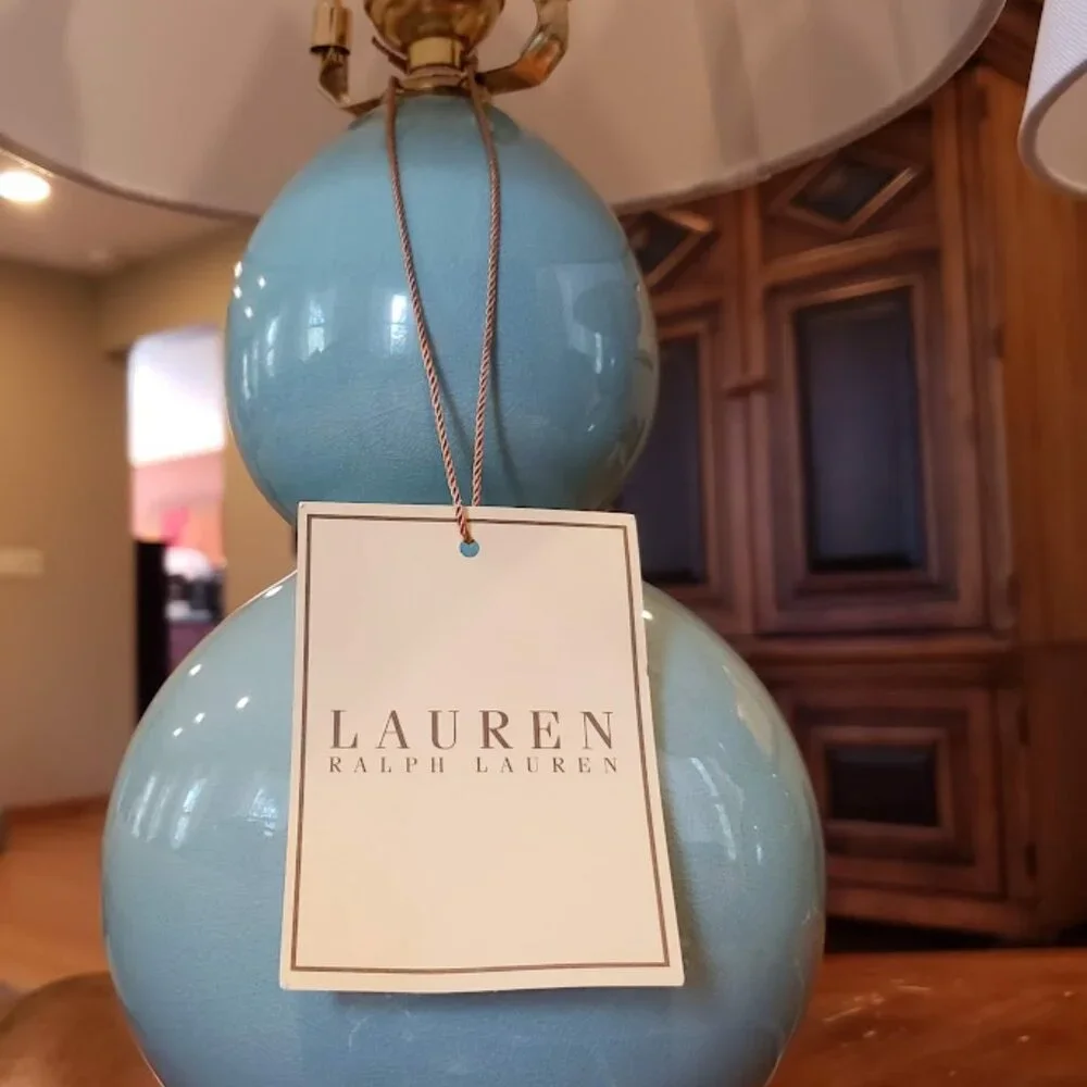 NWT Rare Aqua Color Ralph Lauren Petite Double Gourd Pair of Lamps - Picture 13 of 16